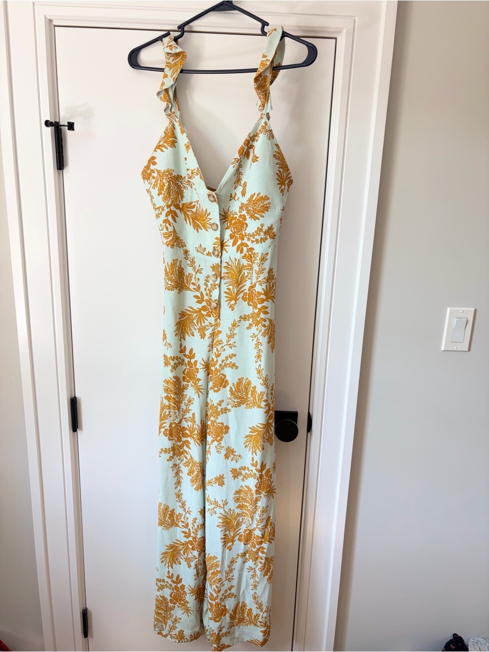 Free People Light Blue Floral Print Jumpsuit Romper with Yellow Accents